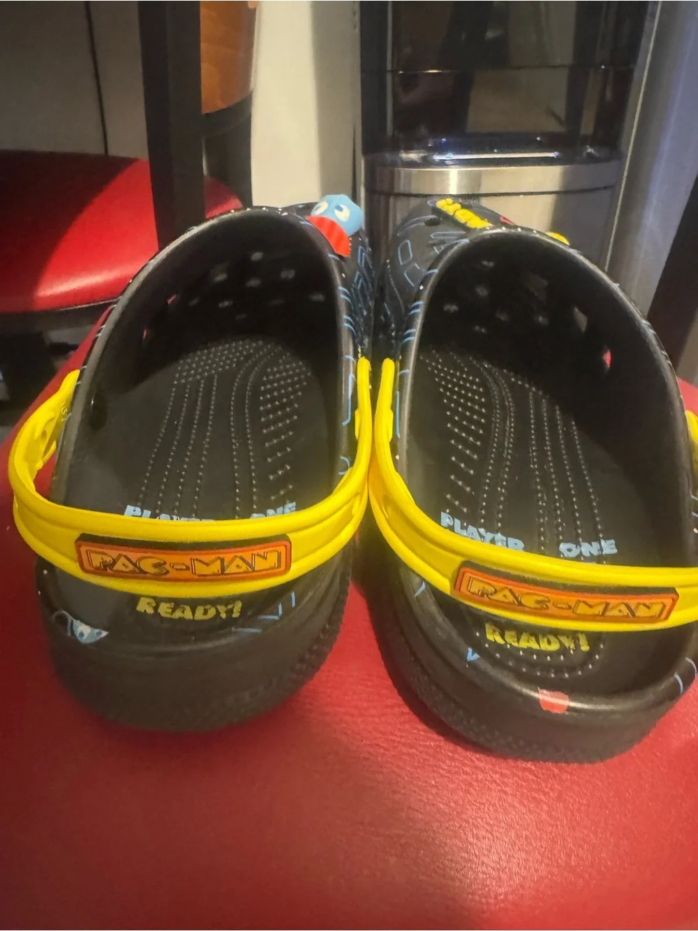 CROCS Men’s Limited Edition Pac-Man Black Clogs with Yellow Strap and Red